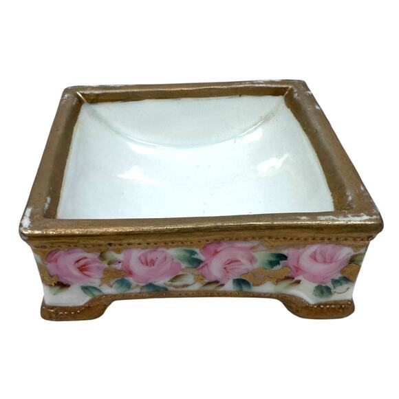 Vintage Nippon Trinket Dish 3.25" Gold Pink Rose Square Porcelain Hand-Painted - Picture 3 of 10